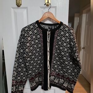 Black & Ivory Nordic Knit Cardigan with Maroon Accents